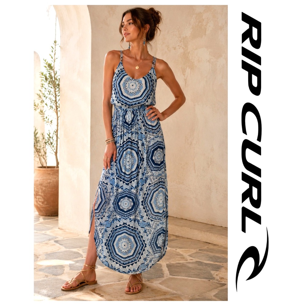Rip Curl La Playa Blue Aztec Medallion Crinkled Maxi Dress Beach Resort M NWT